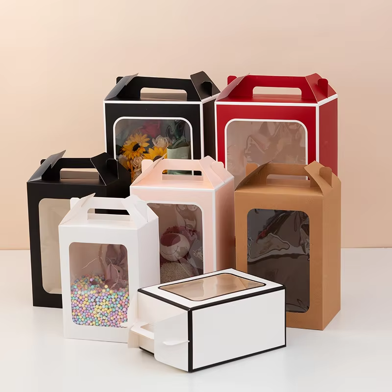  Cardboard Gift Box Clear Kraft Boxes Packaging With Transparent PVC Window Handle