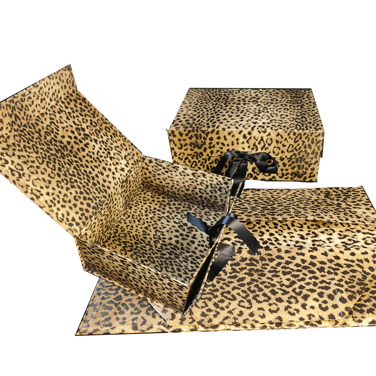 Customized Design Leopard Print Hard Coated Paper Magnetic Folding Gift Box With Ribbon For Clothes Toys|AOPA